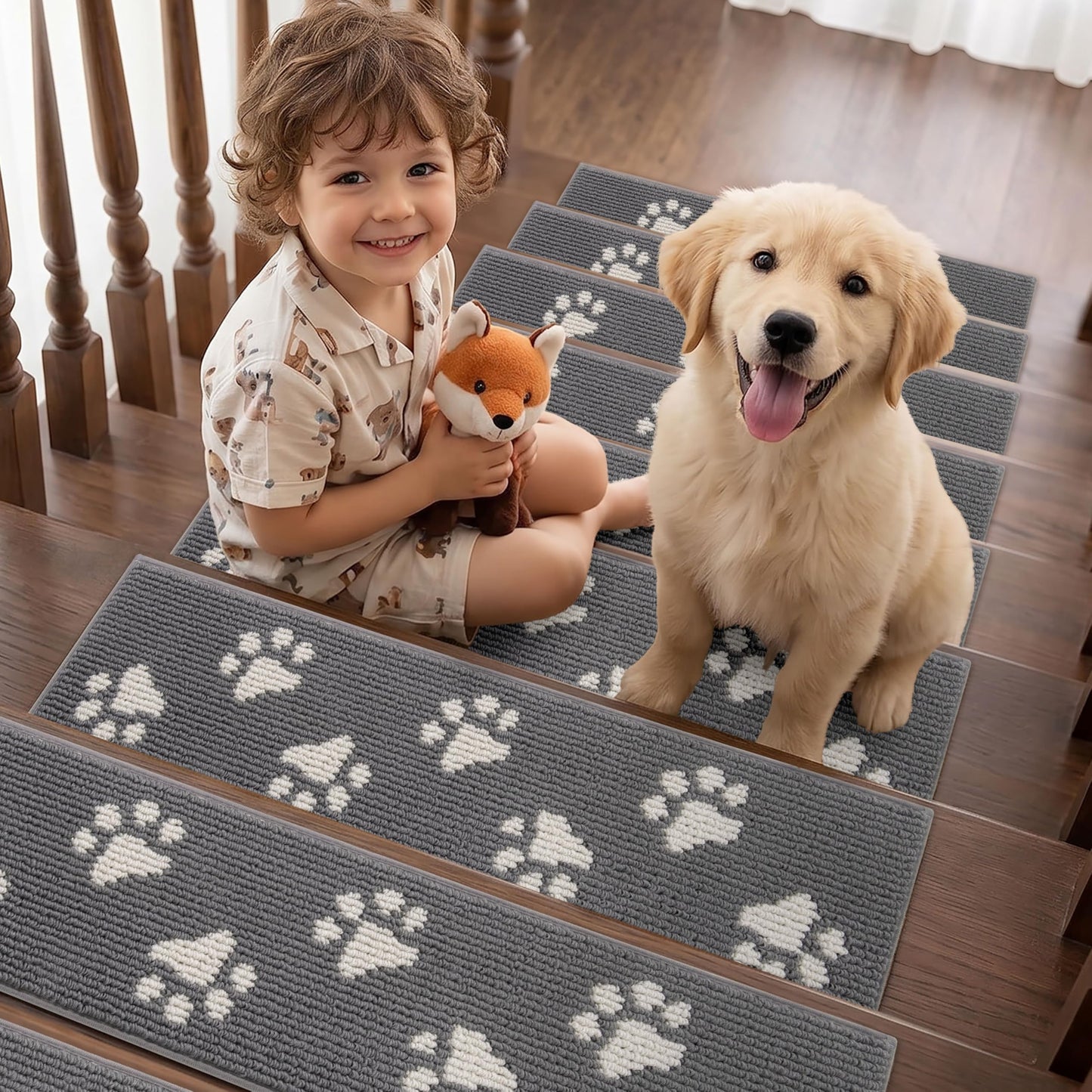 DEXDE Stair Treads for Wooden Steps Non-Slip 15pcs, 30"x8" Washable Stair Runners with Cat Paw Pattern, Non-Skid Safety Carpet Mats for Dogs and Kids, Reusable Indoor Stair Rugs for Home, Grey