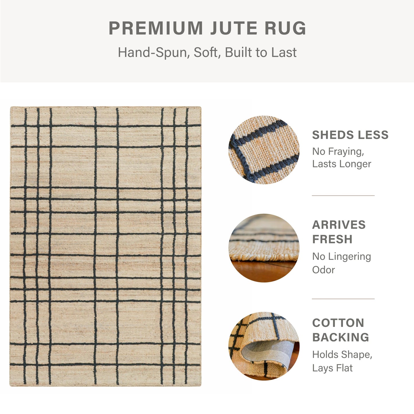 Homespice Nell Jute Plaid Runner Rug 2x6' - Cotton Backed Premium Handmade