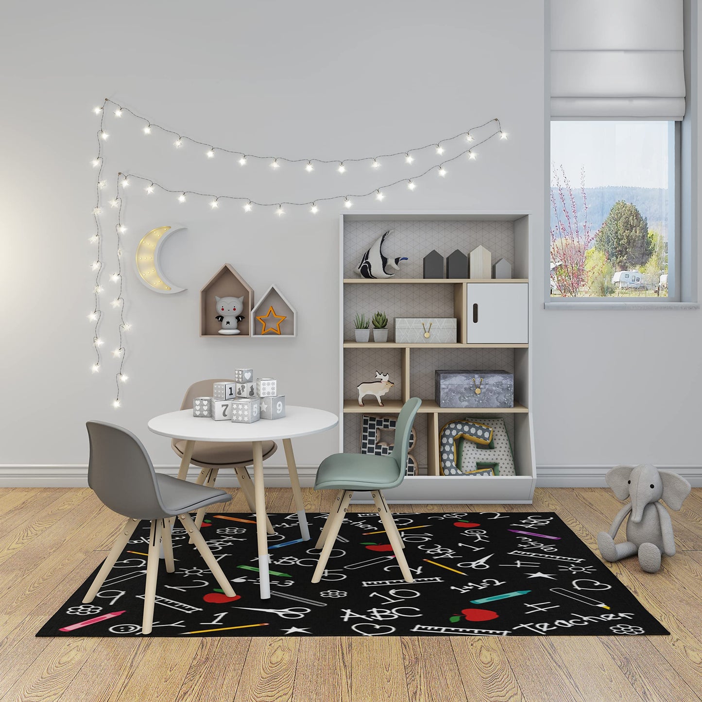 LOKMU Non-Slip Area Rugs Back to School Blackboard Chalk Drawings Crayons Markers Rulers Home Decor Rugs Carpet for Classroom Living Room Bedroom Dining Kindergarten Room 5'x7'
