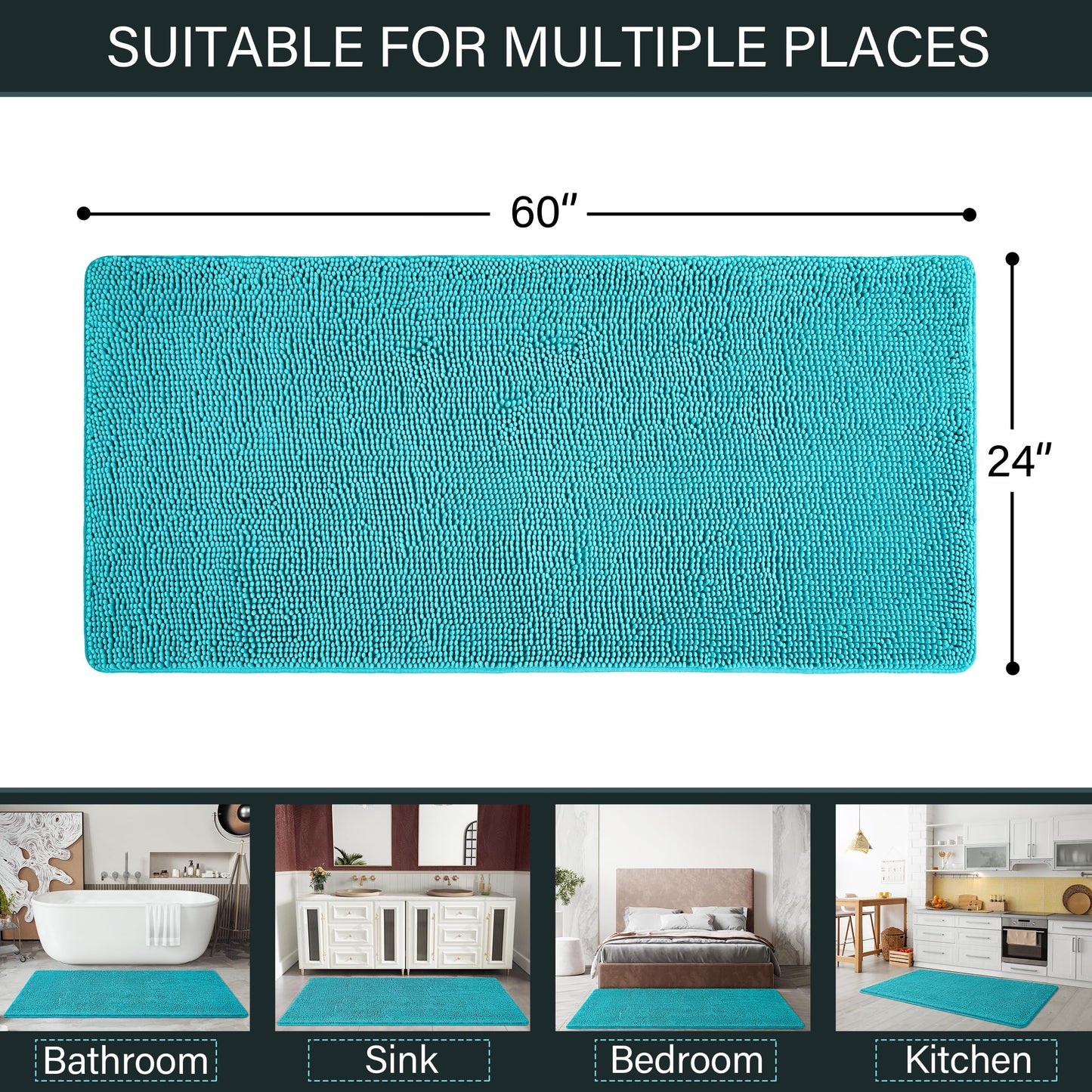 LOCHAS Luxury Bathroom Rug Shaggy Bath Mat 24 x 60 Inch, Washable Non Slip Bath Rugs for Bathroom Shower, Soft Plush Chenille Absorbent Carpets Mats, Teal Blue
