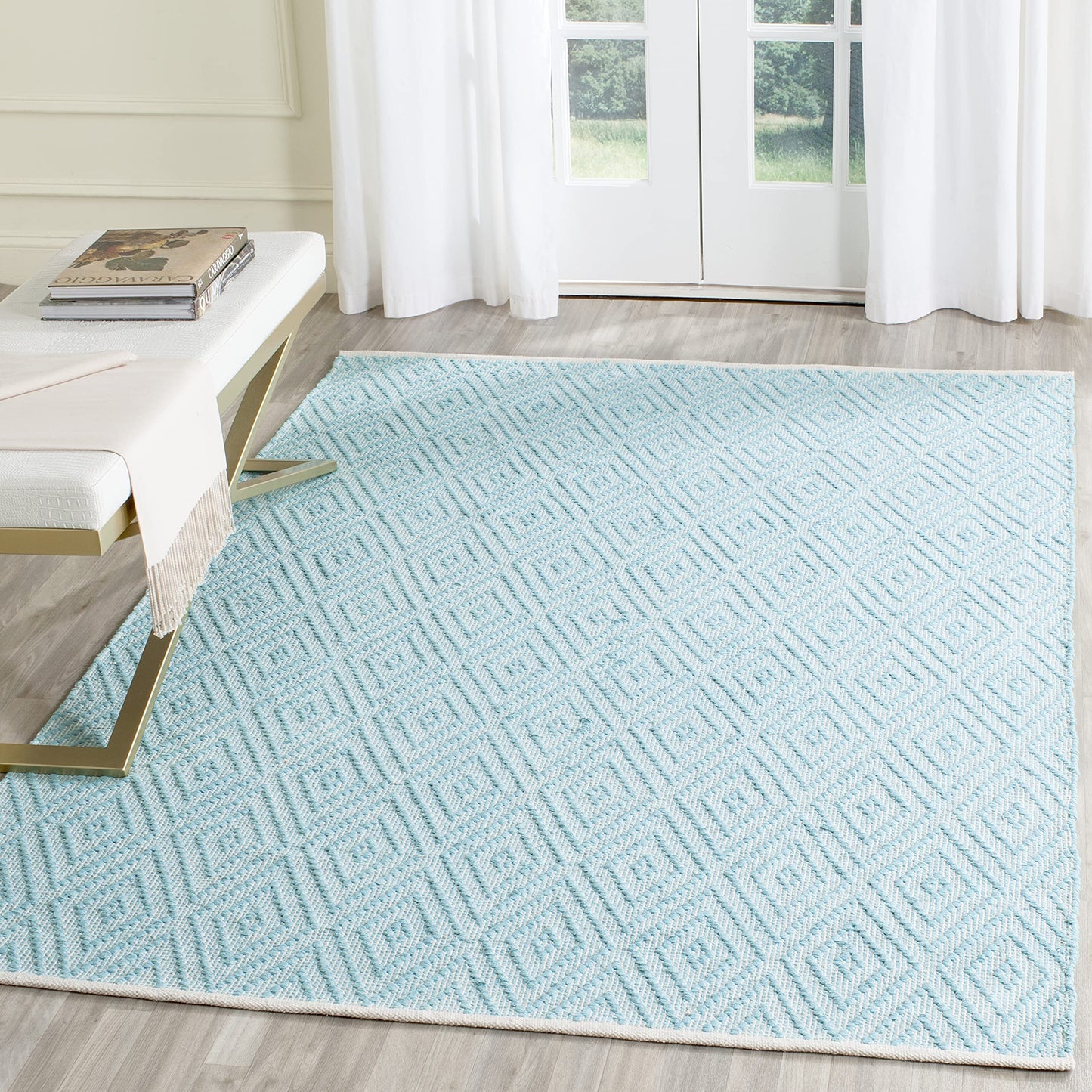 SAFAVIEH Montauk Collection Area Rug - 6' x 9', Turquoise & Ivory, Handmade Trellis Cotton, Ideal for High Traffic Areas in Living Room, Bedroom (MTK811H)
