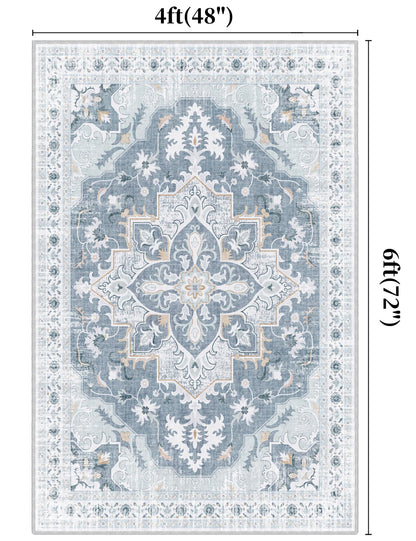 TTelephant 4x6 Area Rug, Soft Non-Slip Vintage Medallion Rug, Low-Pile Printed Indoor Washable Area Rugs for Living Room, Bedroom Bedside, Entryway, Kitchen -Blue/Gray