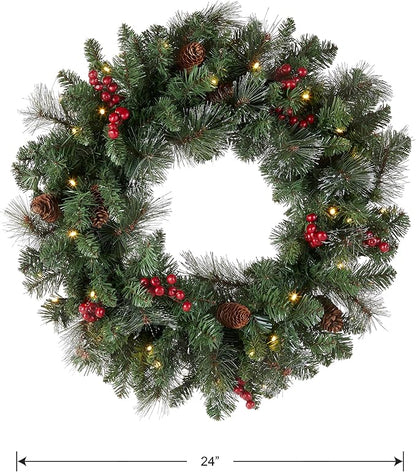 National Tree Company Pre-Lit Artificial Christmas Wreath, Green, Crestwood Spruce, White Lights, Decorated with Pine Cones, Berry Clusters, Frosted Branches, Christmas Collection, 24 Inches