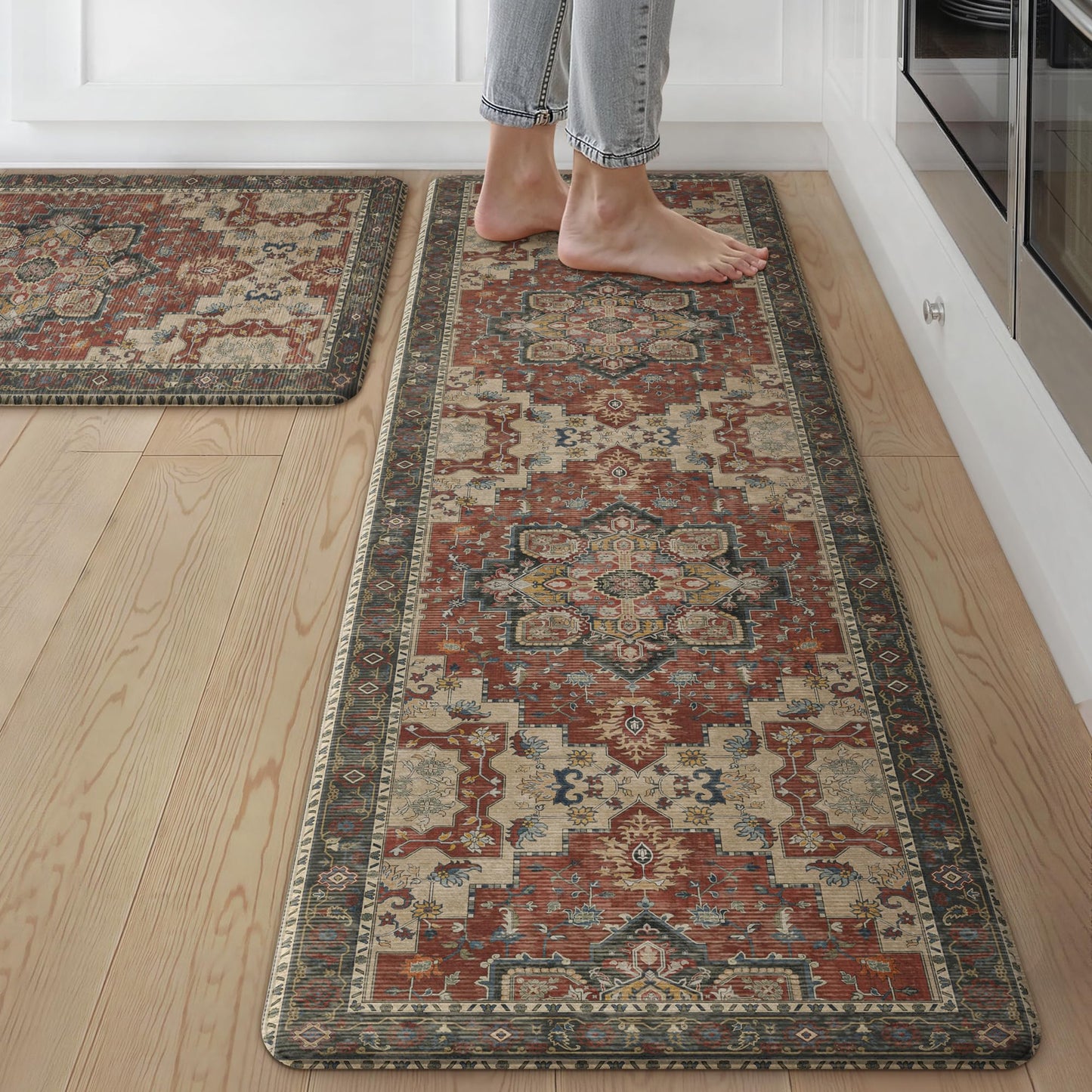 GENIMO Kitchen Mats for Floor 2PCs, Washable Anti Fatigue Mat for Cushioned, 17.3"x59"+17.3"x30", Waterproof Kitchen Rugs, Non Slip Comfort Standing Mat Rug for Home, Sink, Laundry, Bordeaux