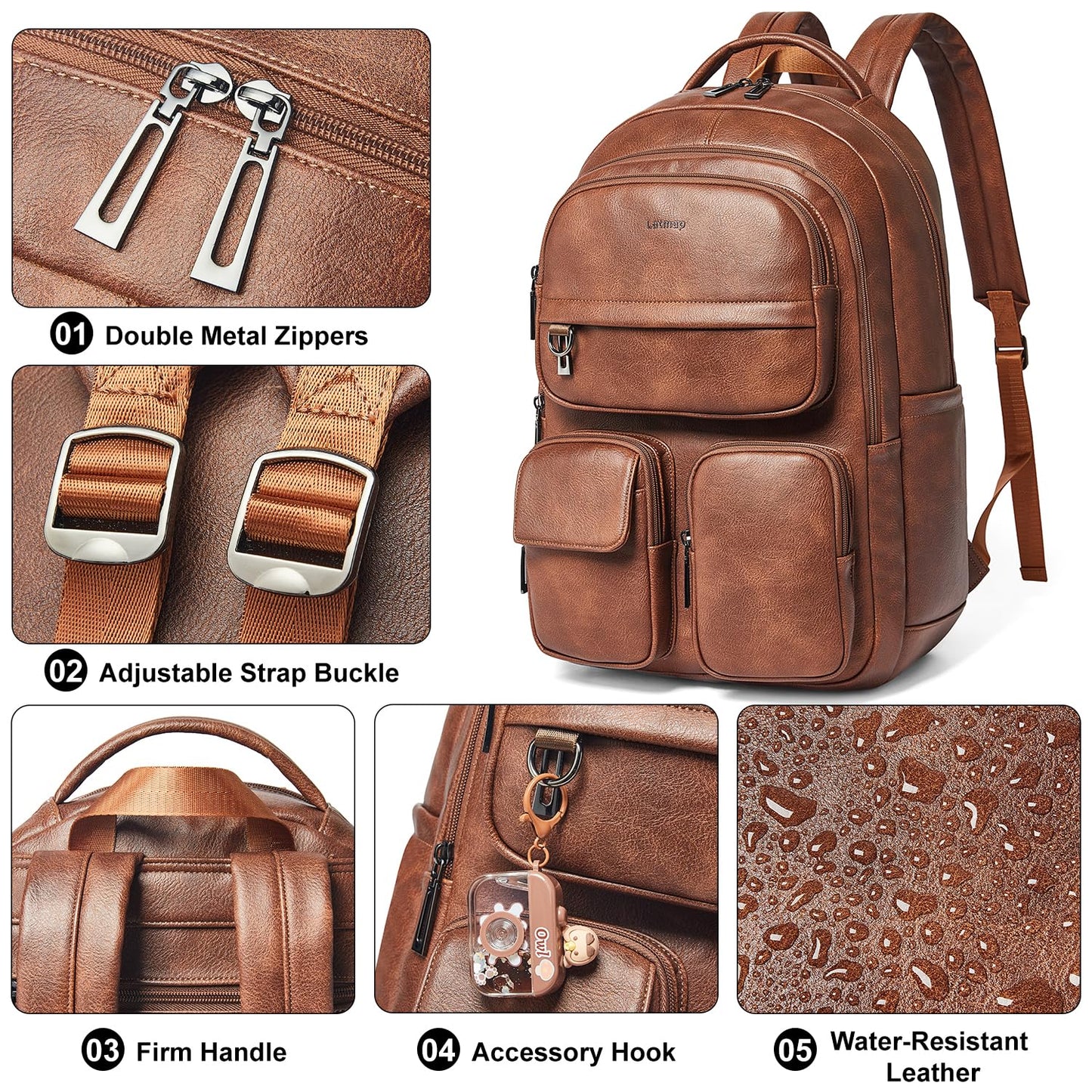 LATMAP Vegan Leather Backpack Purse for Women Men 17 Inch Laptop Backpack for Travel Multipurpose Design Ladies Work College Handbag Shoulder Bag - Brown