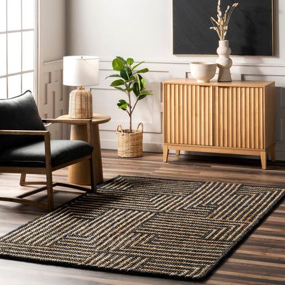 Rugs USA Liess Black/Natural, 9'6" x 13'6", Handmade, Geometric, Jute & Cotton, Soft and Textured, High Traffic, Stain Resistant, Easy Clean, Durable Area Rug for Bedroom, Living Room, Dining, Foyer