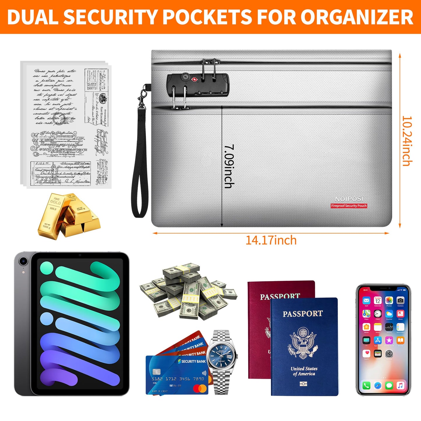 Noiposi 6400℉ Fireproof Document Bag with Lock,Dual-Zip Compartments Fireproof Money Bag for Cash and Documents,12 Layers Heat Insulated Fireproof Bag with Zipper,Protects Important Valuables(Silver)
