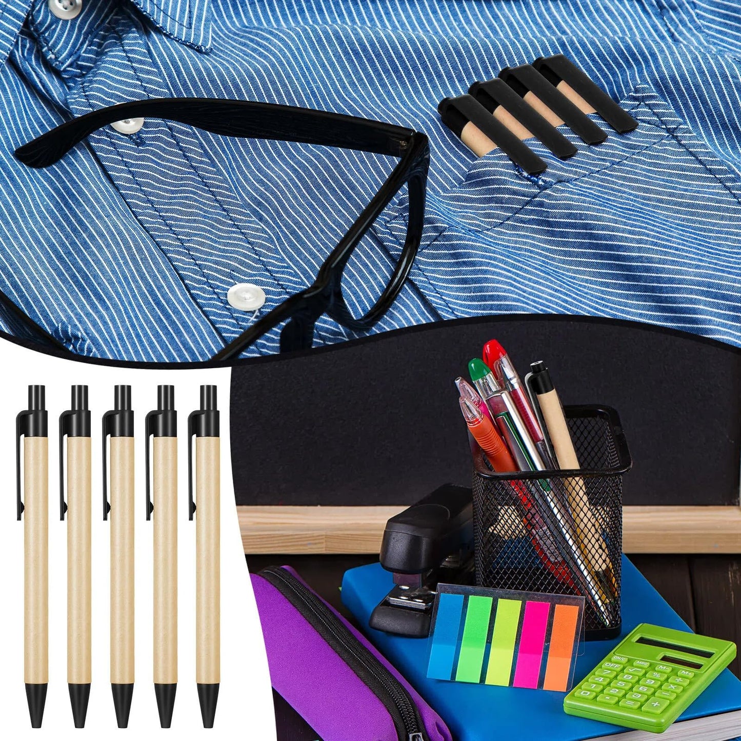 Sabary 100 Pcs Pens Bulk Kraft Paper Ballpoints Retractable Click Pens 1 mm Recycled Paper Ballpoint for First Day of School Coworkers Writing Office Supplies (5.5 Inch,Black)