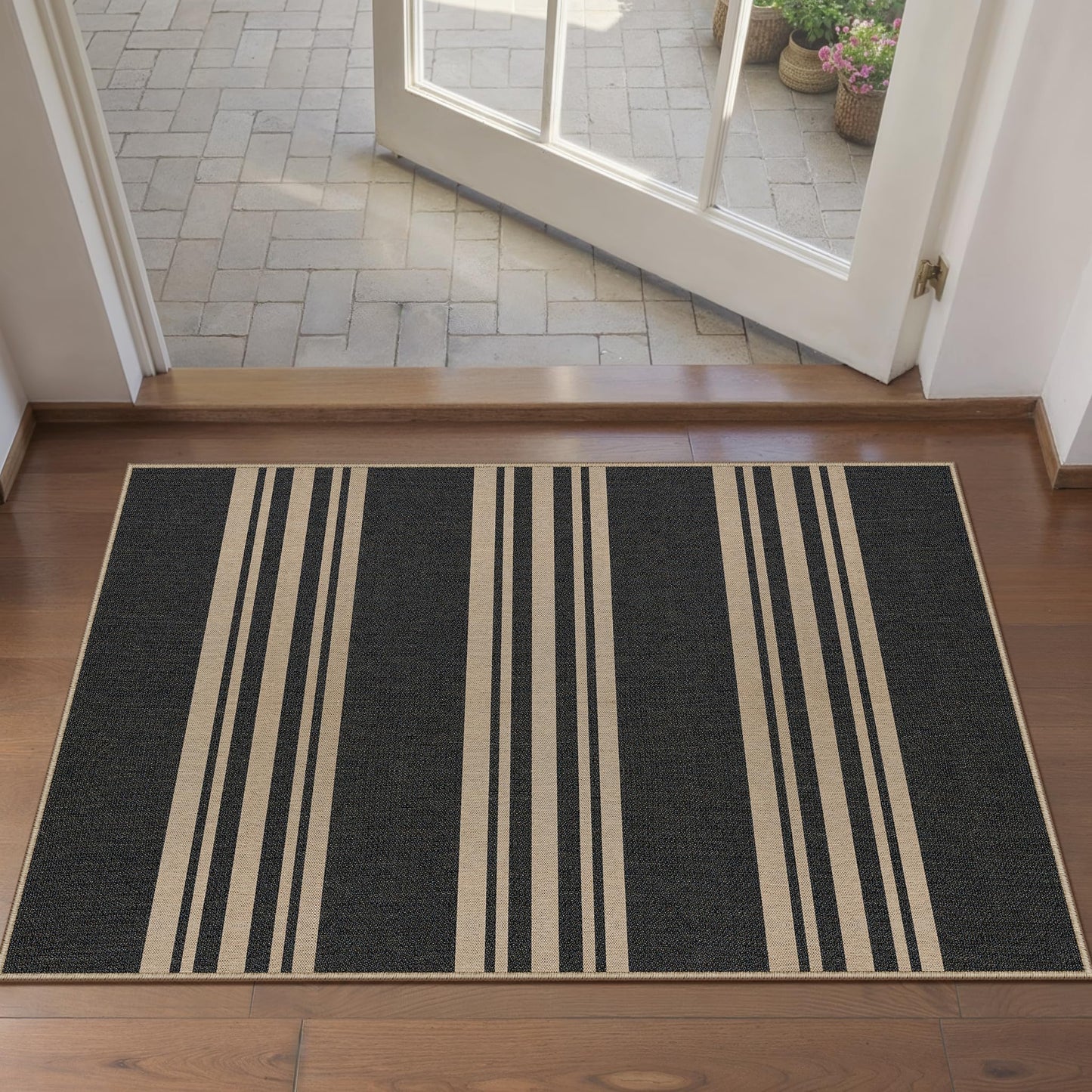 PureCozy Striped Easy Jute Rug 2x3 Black Entryway Carpet Washable Non Slip Door Mat Farmhouse Neutral Non Shedding Entry Small Indoor Outdoor Rug for Kitchen Bedroom Mudroom Bathroom