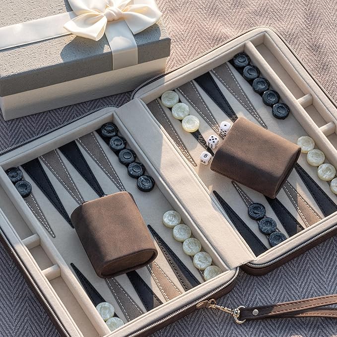Backgammon Sets for Adults Classic Board Game with Folding Faux Leather Backgammon Case Portable Travel Backgammon Game Set (Brown)