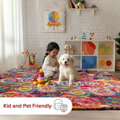 Nuloom Kindra Multicolor/Red, 6'7" x 9', Bohemian Circles, Soft and Cozy, High Traffic, Stain Resistant, Easy Clean, Durable Area Rug for Bedroom, Living Room, Dining Space, Den, Foyer, Entryway