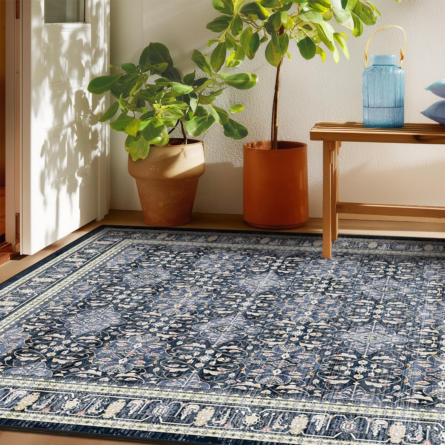Jainmy Dark Blue 5x7 Area Rugs for Living Room Bedroom, Transitional Boho Moroccan Floral Trellis Printed, Washable Non Slip Low Pile Ultra Thin Soft Carpet Rugs for Dining Room/Kitchen/Home Office