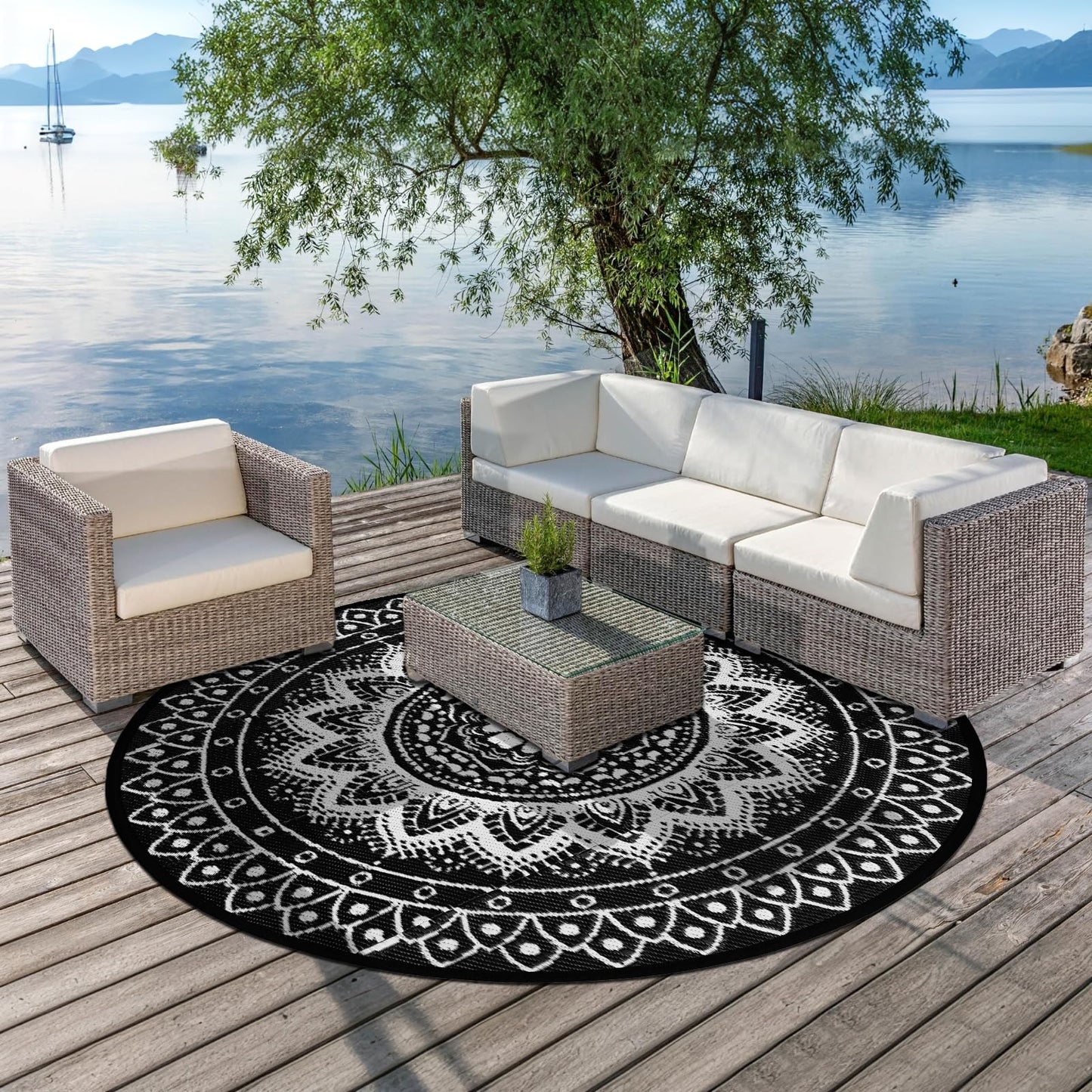 Round Outdoor Rugs for Patios, 6Ft Waterproof Reversible Plastic Straw Mat with Carry Bags, Boho Lightweight Outdoor Carpet Portable Round Floor Mat for Patio Camping Picnic Backyard RV,Black & White