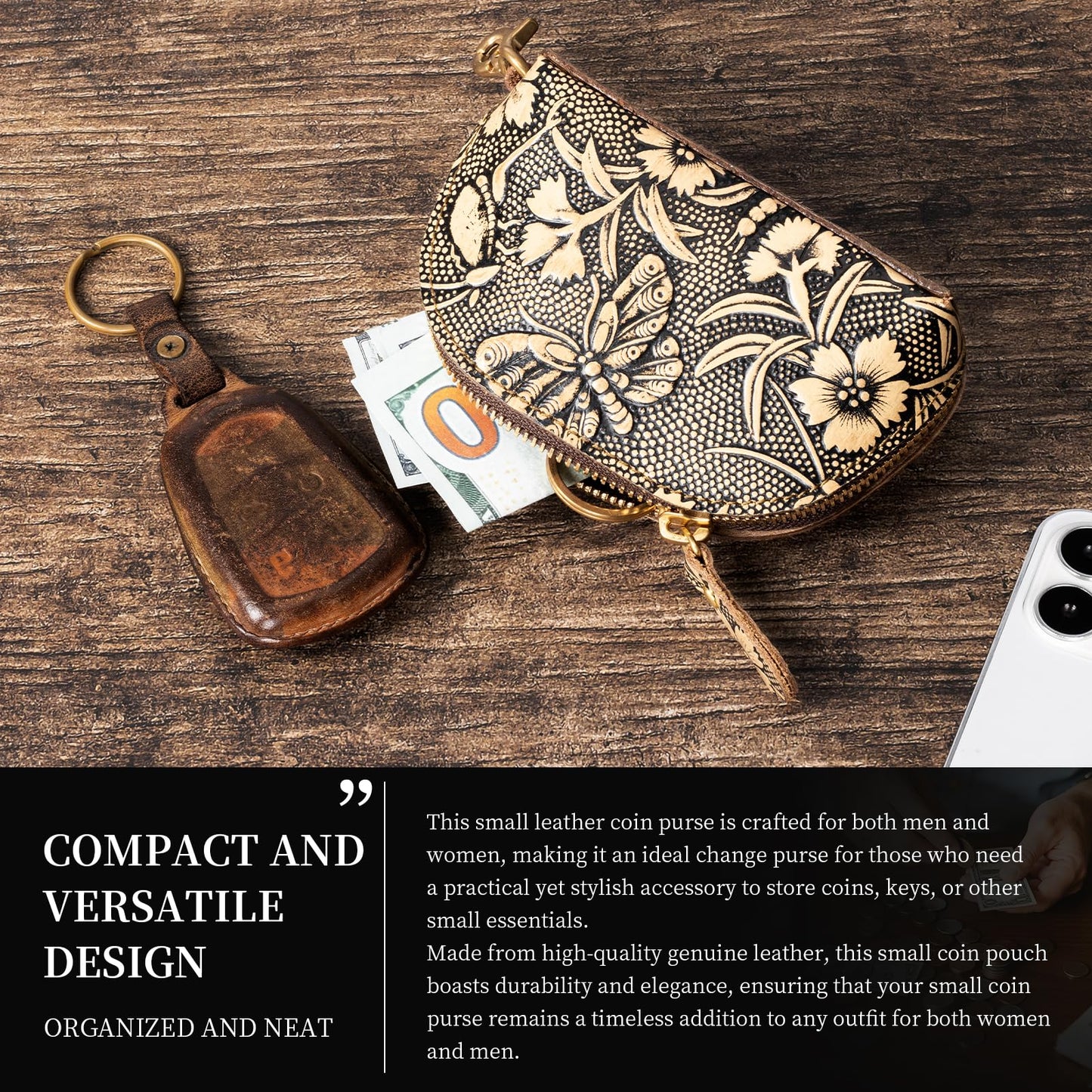 Gexmil Genuine Leather Coin Purse with Zipper, Full Grain Leather, Mini Coin Pouch for Women Men, Change Wallet,Butterfly Grey