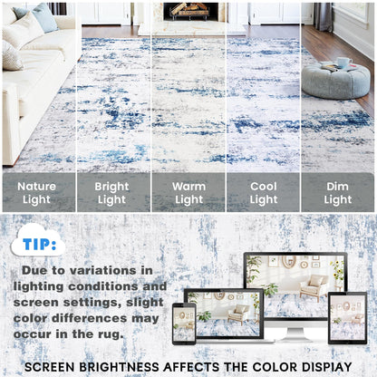 Area Rug Living Room Rugs: 5x7 Large Soft Indoor Carpet Modern Abstract Rug with Non Slip Rubber Backing for Under Dining Table Nursery Home Office Bedroom White Gray Blue