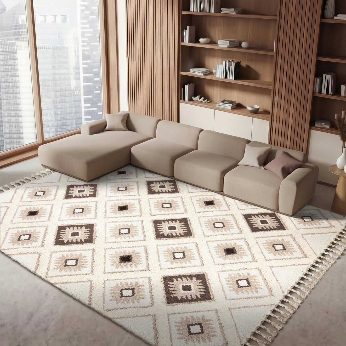 SAFAVIEH Moroccan Tassel Shag Collection Area Rug - 5'3" x 7'6", Ivory & Brown, Boho Design, Non-Shedding & Easy Care, 2-inch Thick Ideal for High Traffic Areas in Living Room, Bedroom (MTS601A)