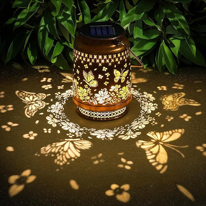 Butterfly Outdoor Solar Lanterns Decor, Nelyeqwo Waterproof Hanging Solar Lights Gifts for Women Men Metal Lantern Decor for Garden Patio Lawn Porch Backyard Tabletop Pathway Landscape