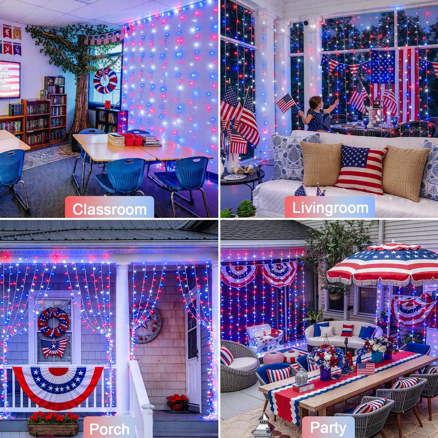 JMEXSUSS 300LED Red White and Blue Lights with Remote, 4th of July Lights Plug in, Patriots Curtain Hanging String Lights for Bedroom Wall Window Backdrop Indoor Outdoor 4th of July Decor, 9.8x9.8ft
