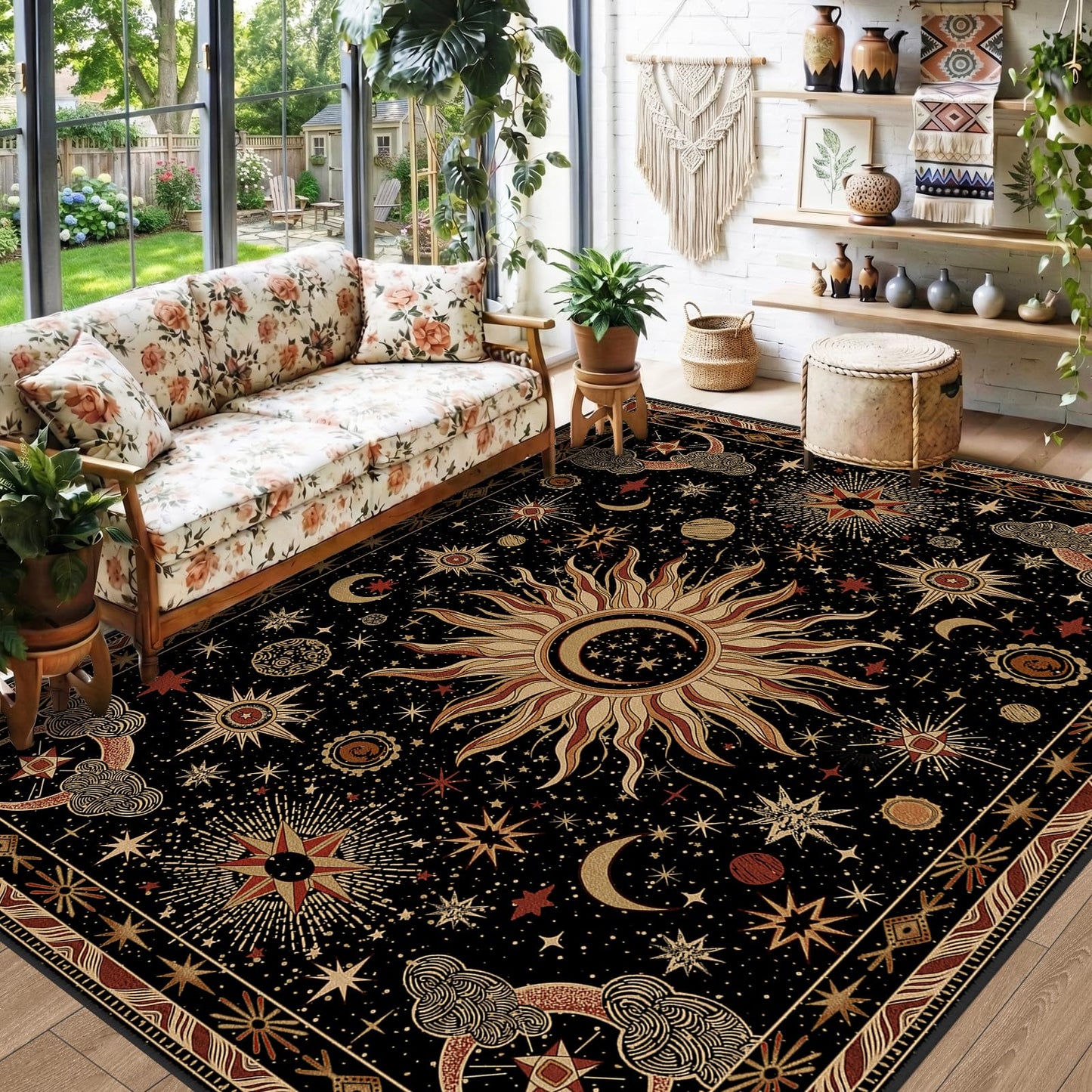 meejou 5x7 Area Rugs, Washable Vacuum-Friendly Non-Slip Rug Vintage Boho Gothic Sun and Moon Printed Pattern Low Pile Carpet for Living Room Bedroom Dining Room Hallway Entryway,Black Gold Beige Red