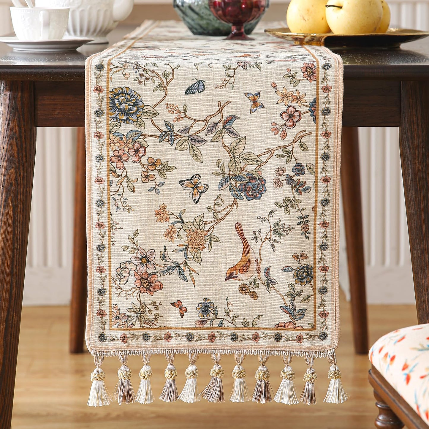 ISAENNE Designer Linen Table Runner 118 Inches Extra Long,Elegant Floral Bird Pattern Table Runners for Dining Room,Farmhouse Rustic Kitchen Decor,Thanksgiving,Christmas,12"*118"-Cornucopia