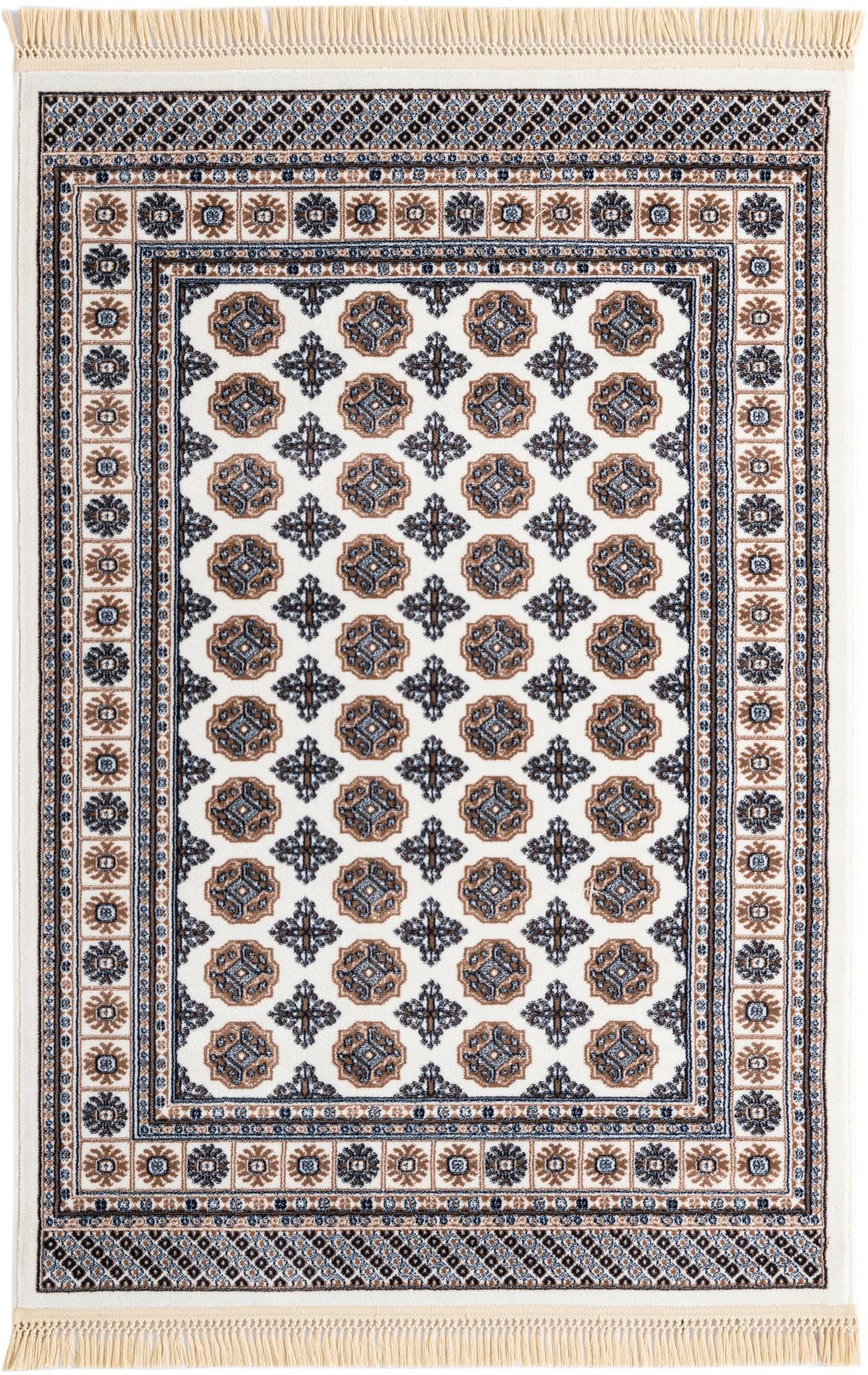 Rugs.com - Bokhara Rug – 4' 1 x 6' 1 Ivory Easy-Clean Stain-Resistant Area Rug – Modern Geometric Design with Fringe, Perfect for Living Rooms, Entryways, and Offices