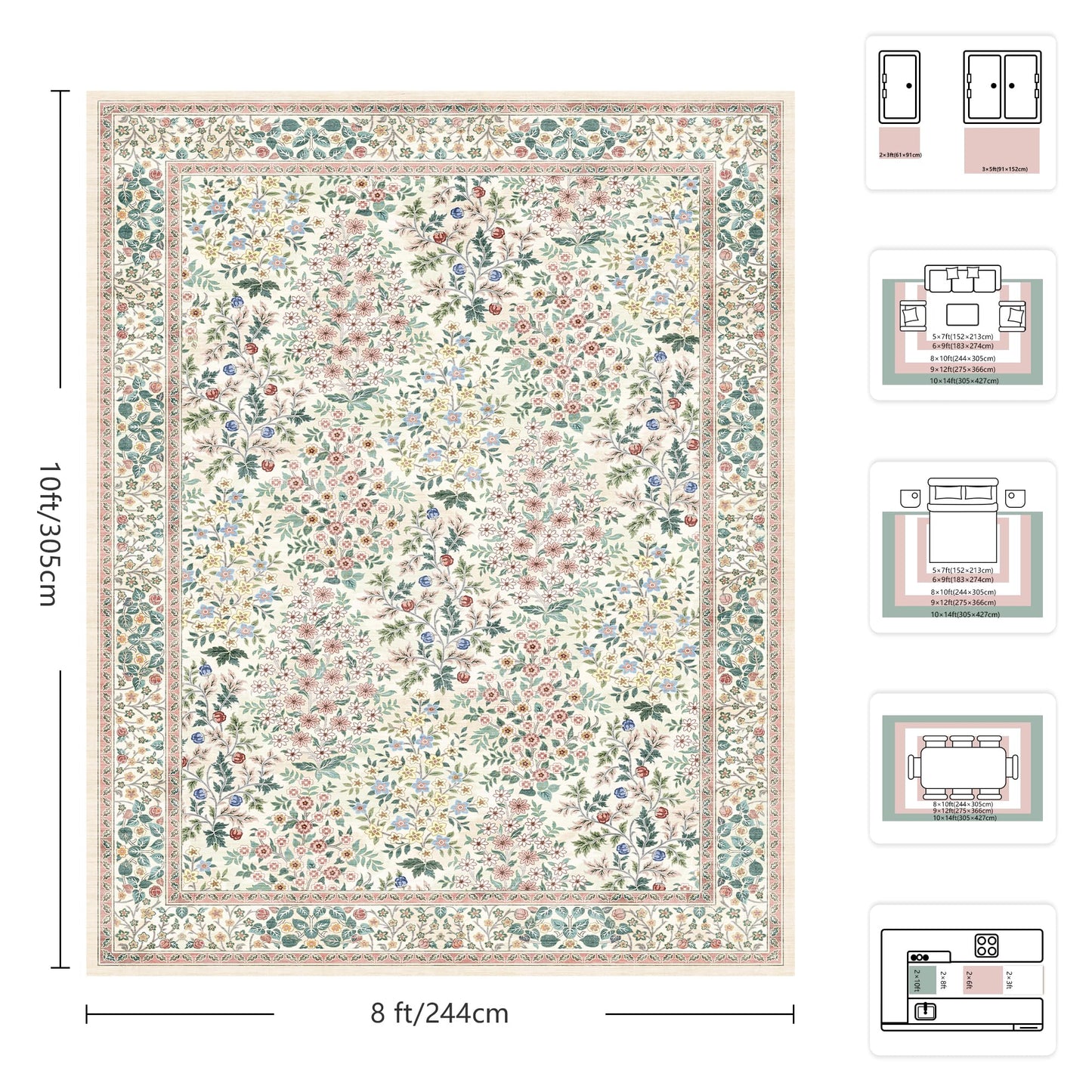 Yarooge 8x10 Area Rugs, Machine Washable Low Pile Floral Rugs for Living Room, Bedroom, Large Boho Area Rug with Non-Slip Backing for Dining Room(Pink Floral)