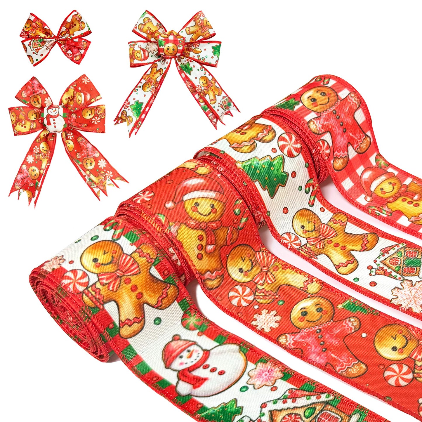 4 Rolls 24 Yards Red Christmas Wired Ribbon, Gingerbread Man, Snowman Snowflake Ribbon Christmas Swirl Burlap Gift Wrapping Line for DIY Craft Bow Garland Decoration,2 Inch