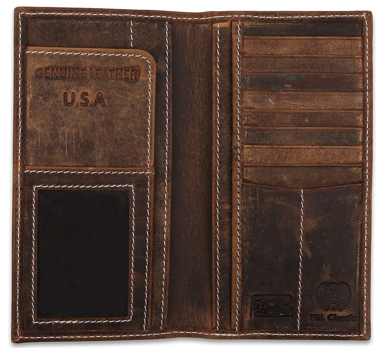F&L CLASSIC Men's RFID Vintage Look premium Genuine Leather Long Bifold Wallet Checkbook Wallets,buffalo vintage leather