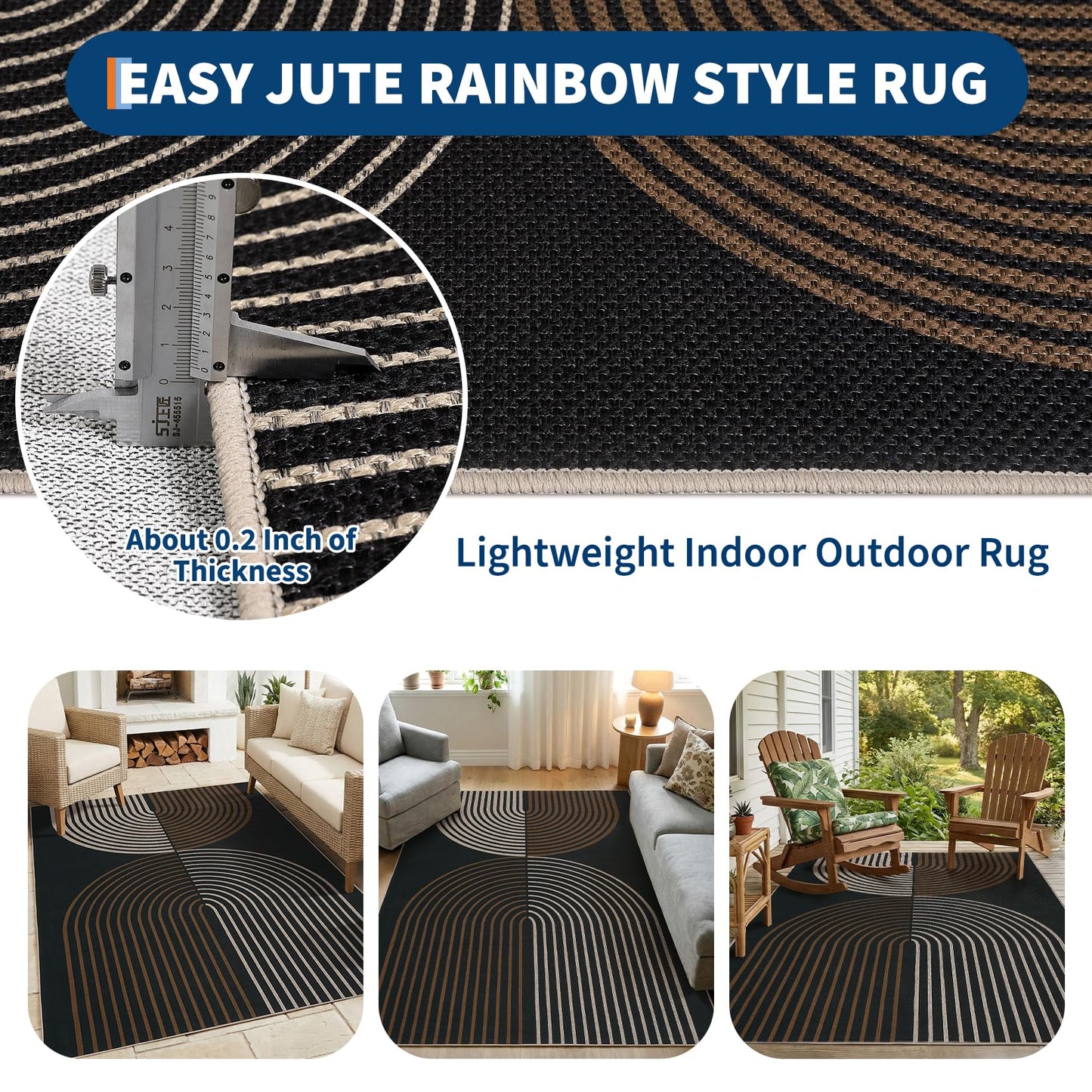 GarveeHome Modern Rainbow Easy Jute 3x5 Patio Rug, Washable Rugs for Entryway Farmhouse Non Slip Indoor Door Mat Carpet for Entry Mudroom Porch Decor