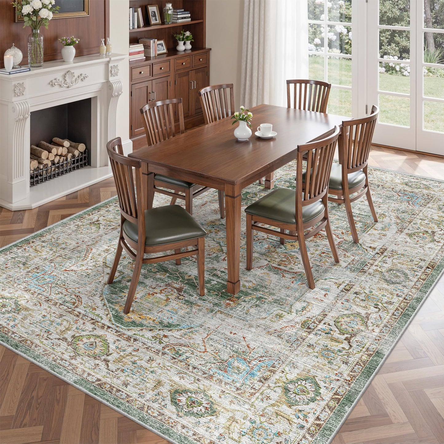 befbee 6x9 Area Rugs for Living Room - Stain Resistant Non-Slip Backing Machine Washable Rugs for Bedroom - Boho Persian Large Area Rug (Green, 6'x9')