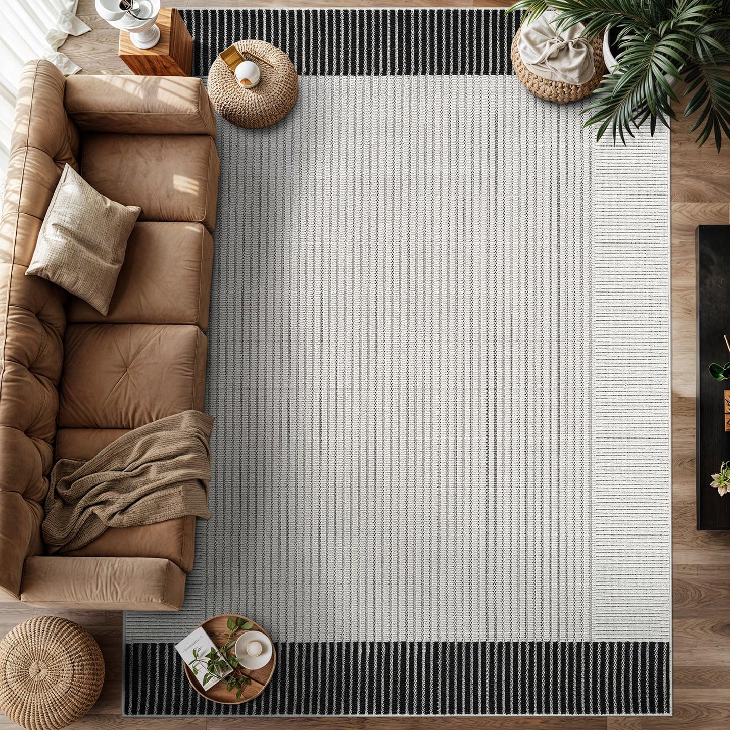 Luul Home Modern Micro Loop Indoor Area Rugs for Living Room Bedroom Kitchen Geometric Striped Black-White 9x12 Luxury Durable Low and High Pile Non-Shedding Stain Resistant Soft Area Carpet 9 x 12