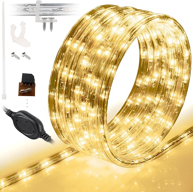 WYZworks 108LEDs, 10ft LED Rope Light, Connectable Waterproof Permanent Outdoor Clear PVC Tube, ETL Certified, Christmas Trees Holiday Decorative Landscape Backyard Patio Accent Lighting - Warm White