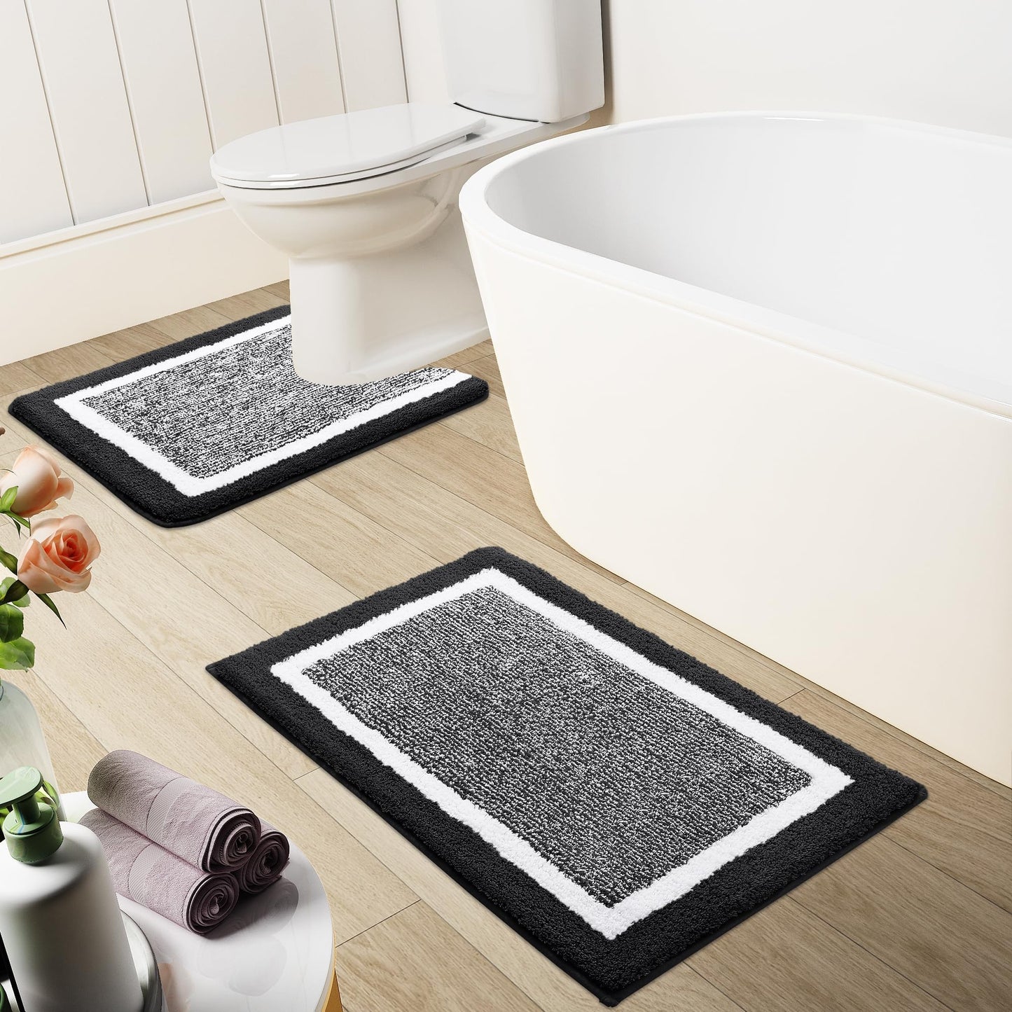 OLANLY Bathroom Rugs Sets 3 Piece, Soft Absorbent Microfiber Bath Mats and U-Shaped Contour Toilet Rug, Non-Slip, Home Decor Accessories, Bath Mat Set for Bathroom (30"x20"+24"x16"+24"x20", Black)