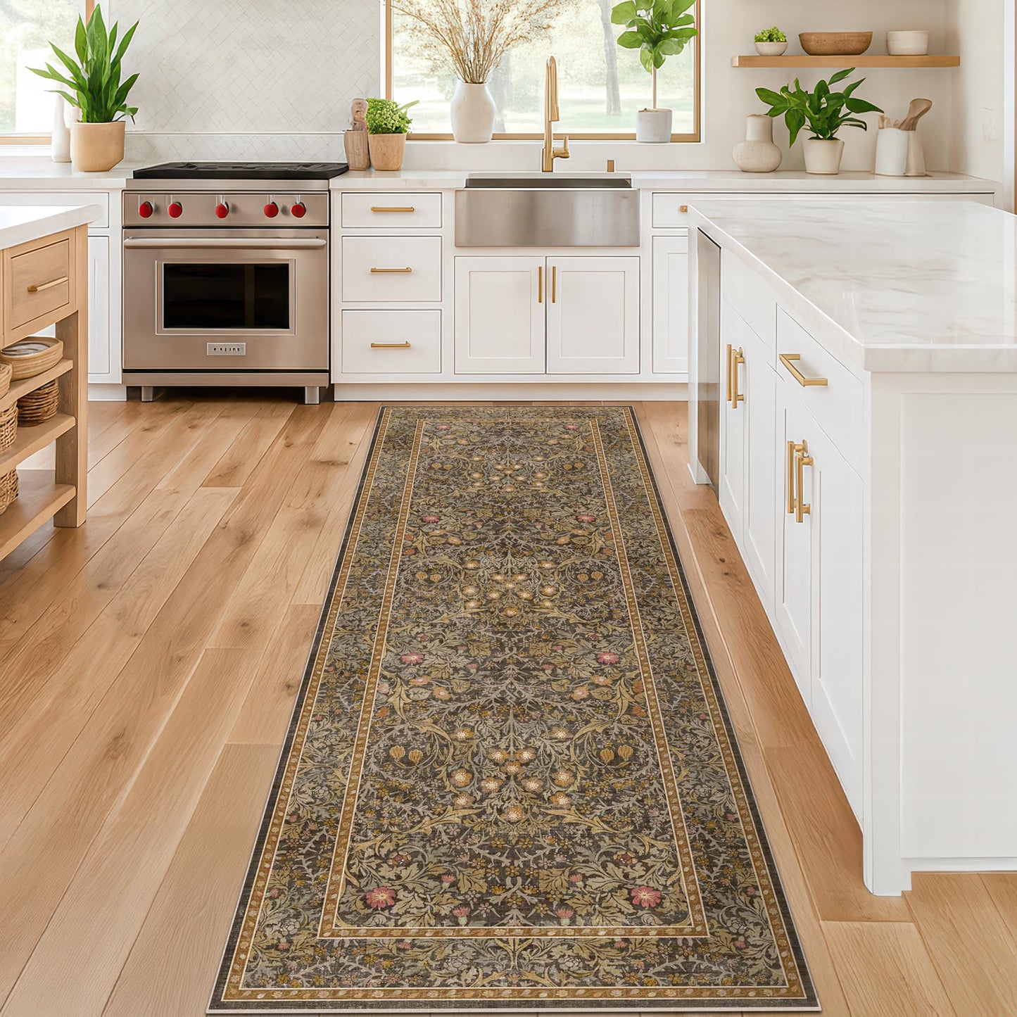 Washable Runner Rug Non Slip 2x6, Gold Brown Runner Rug for Kitchen, Bathroom, Entryway, Hallway, Laundry Room, Bedroom Bedside, Vintage Floral Stain Resistant Soft Low Pile Carpet