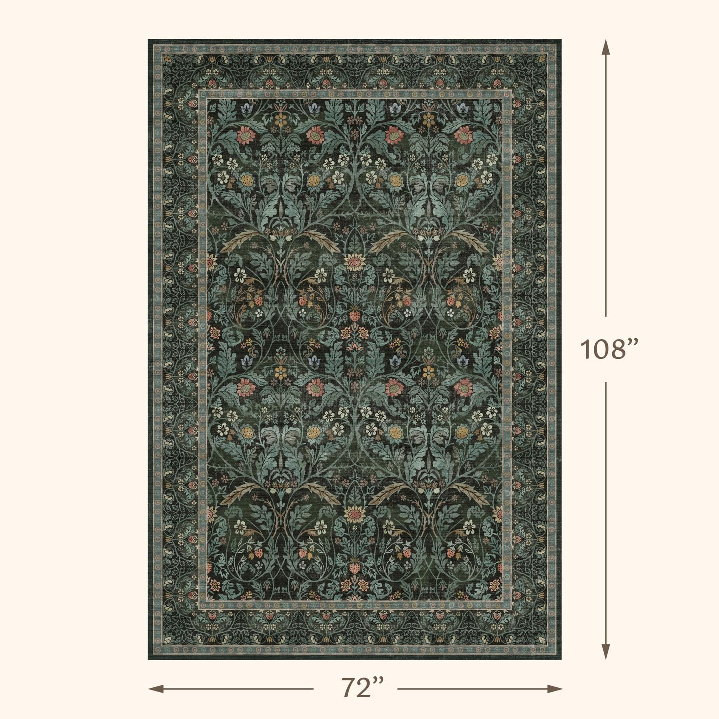 Washable Rugs for Living Room Dining Room 6x9 Stain Resistant - Non Skid Floral Area Rug, Low Pile & Soft Bedroom Under Bed Carpet, Botanical Funky Dark Green Mats