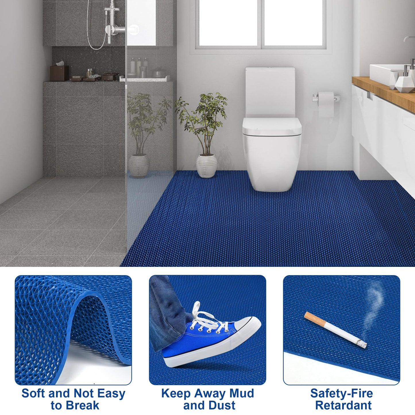 foriy 4'x10' Drainage Floor Mat - Non Slip PVC Mesh Hollow Mat, 1/5" Thick for Commercial Kitchen, Pool, Bathroom, Restaurant, Garage - Wet Area Anti Fatigue Mat (Blue, 4'x10')