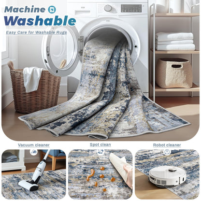 pmtsns Area Rugs 8x10 for Living Room: Washable Rug Modern Abstract Neutral Soft Non-Slip Low-Pile Indoor Large Carpet for Bedroom Dining Room Playroom Home Office (Blue Grey Brown, 8'x10')