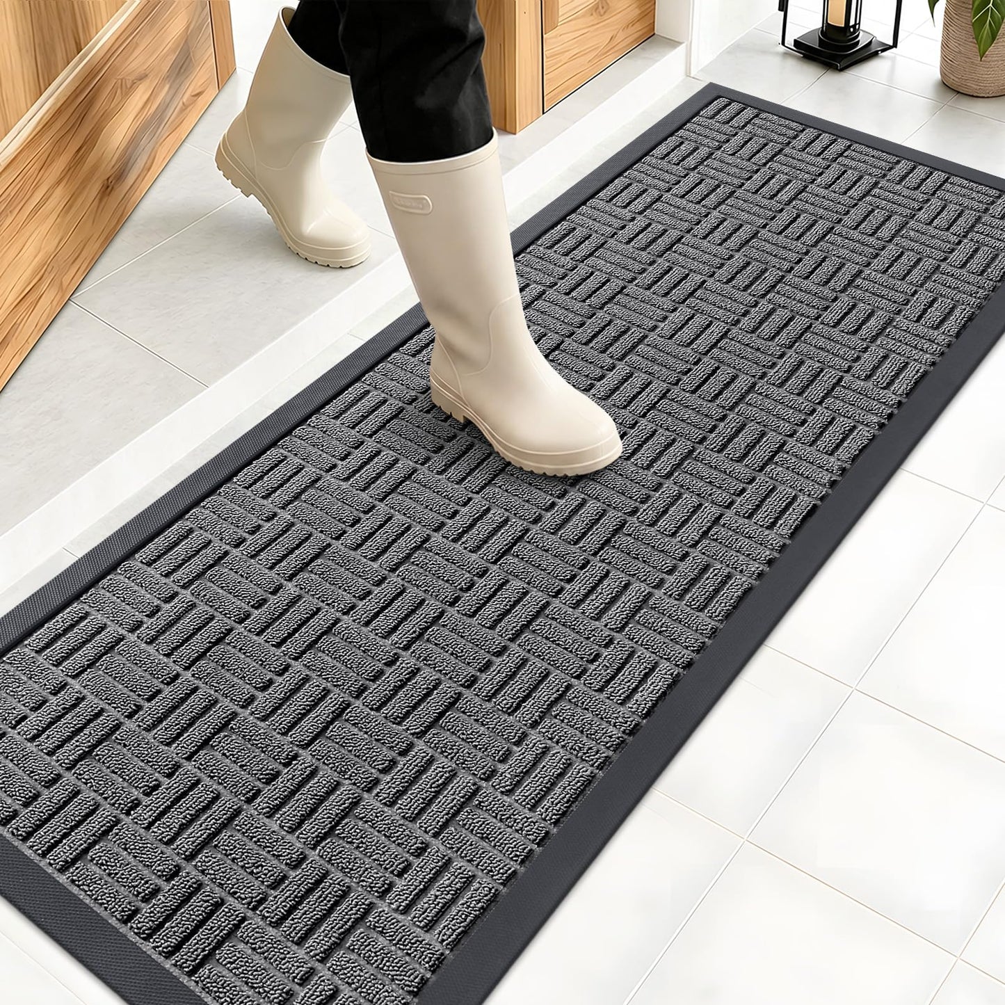 OLANLY Front Door Mat Outside Entrance 47x17, Absorbent, Heavy Duty Sturdy Natural Rubber Doormat Indoor Outdoor, Stain and Fade Resistant, Non-Slip Backing Low Profile Floor Mat for Entryway, Grey