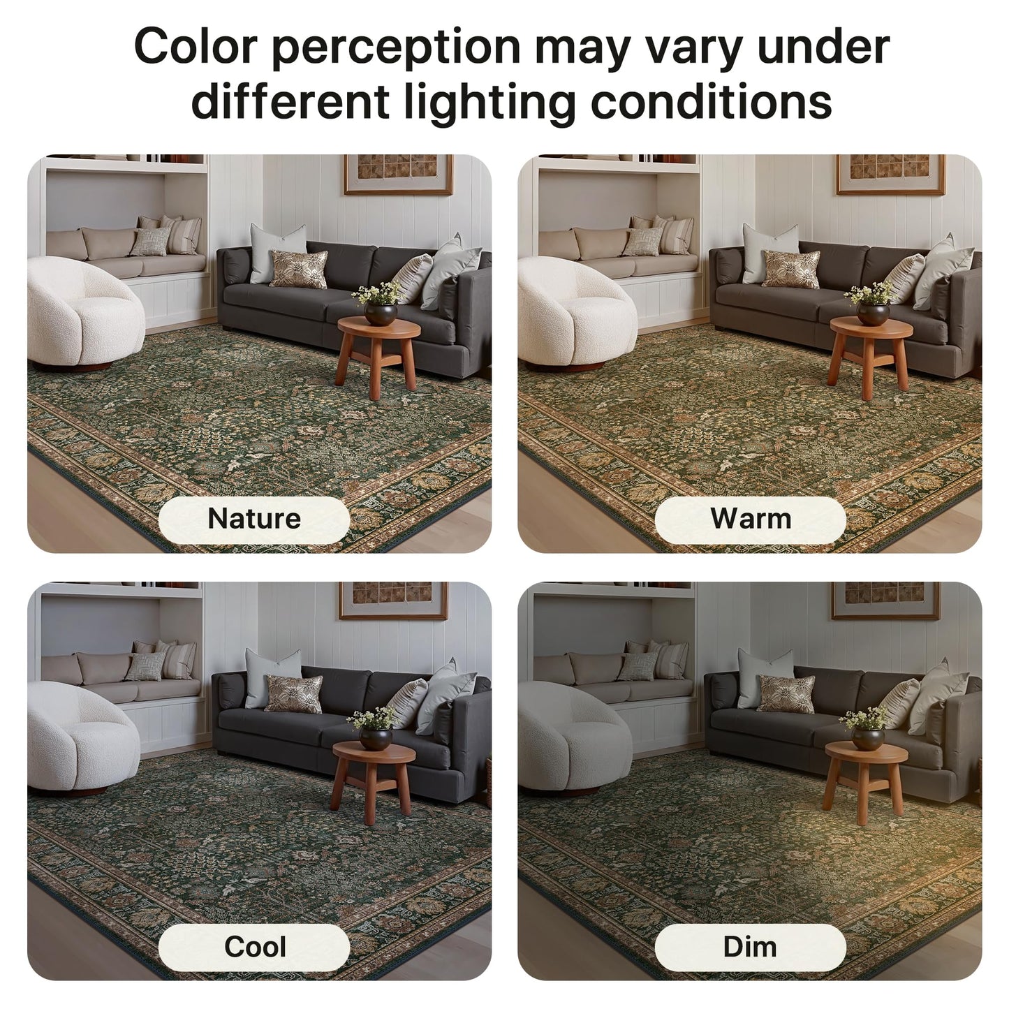 Bavni Washable Rugs 8x10-Machine Washable Rug Lightweight Low Pile, Vintage Floral Rug Non-Shedding Distressed Throw Carpet for Living Room Bedroom Office, Dark Green/Multi