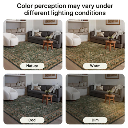 Bavni Washable Rugs 8x10-Machine Washable Rug Lightweight Low Pile, Vintage Floral Rug Non-Shedding Distressed Throw Carpet for Living Room Bedroom Office, Dark Green/Multi