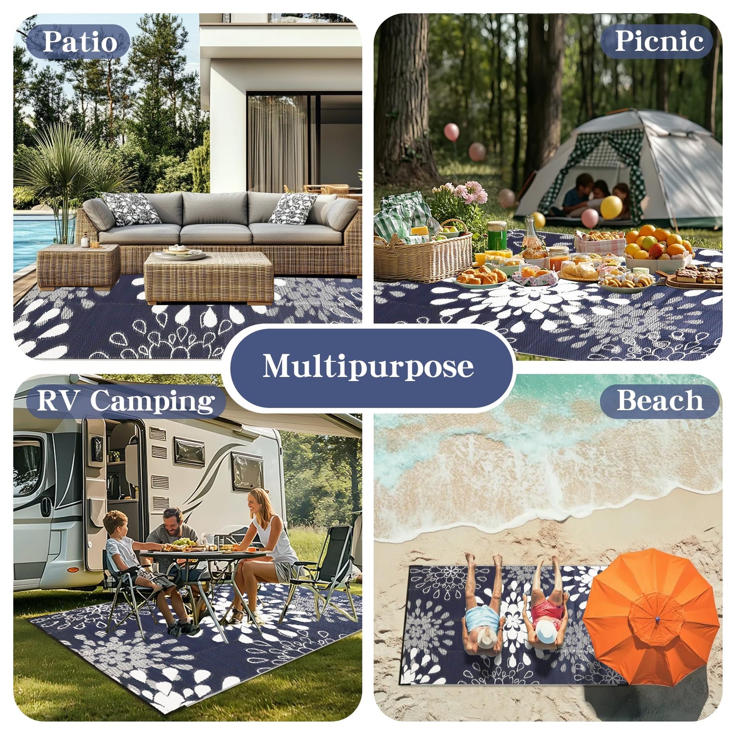 Wallona Outdoor Rugs 5x8 ft Patio Waterproof Clearance Indoor Outdoor Carpet for Patio Plastic Straw Reversible Area Rugs Mat for RV, Camping, Balcony, Beach, Picnic, Porch, Flower Blue & White