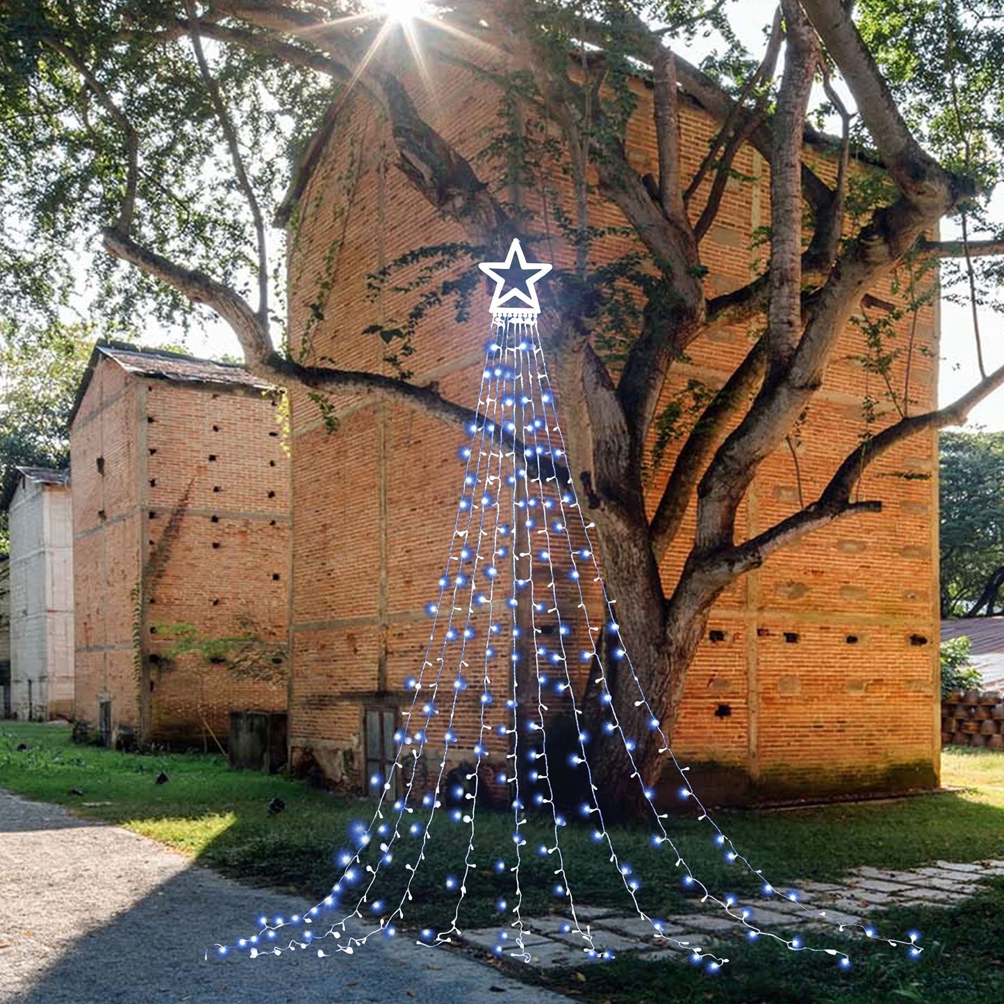 Christmas Decoration Lights, Outdoor Christmas String Lights 320 LED 11.5 Ft Waterfall Tree Light with Big Star Topper 8 Light Modes for Xmas New Year Holiday Garden Yard Indoor Outdoor Decor