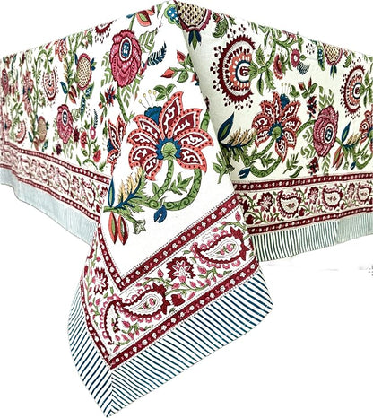 ATOSII Ruby 100% Cotton Rectangle Summer Tablecloth, Block Print Floral Table Cloth for Dining Table, Parties, Weddings, Outdoors Grand Millenial Decor I 60 X 90 Inches I 6 Seater I