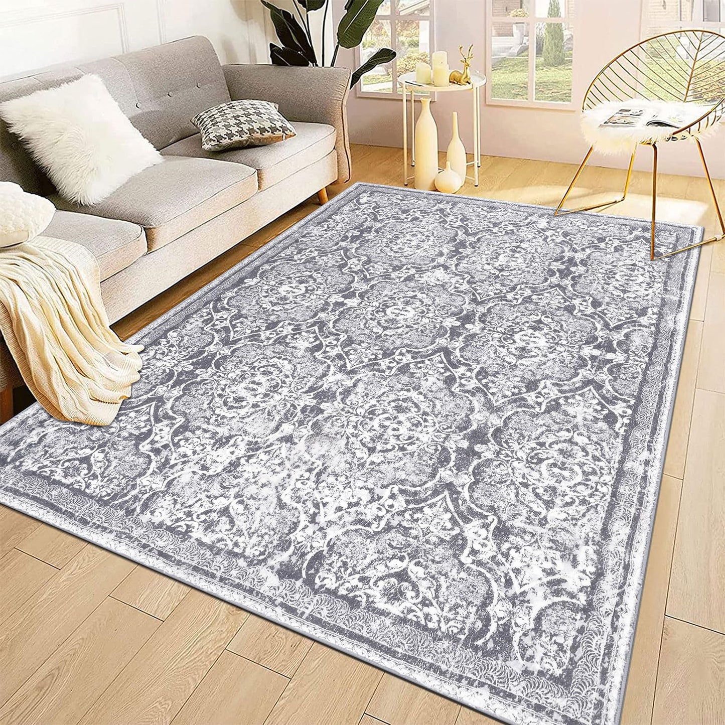 Vaukki Living Room Rug, Vintage Shaggy Soft Laundry Rug, Non Slip Kitchen Area Mat, Washable Farmhouse Bedroom Area Carpet for Bathroom, Kitchen and Kidsroom(4'x6', Grey)