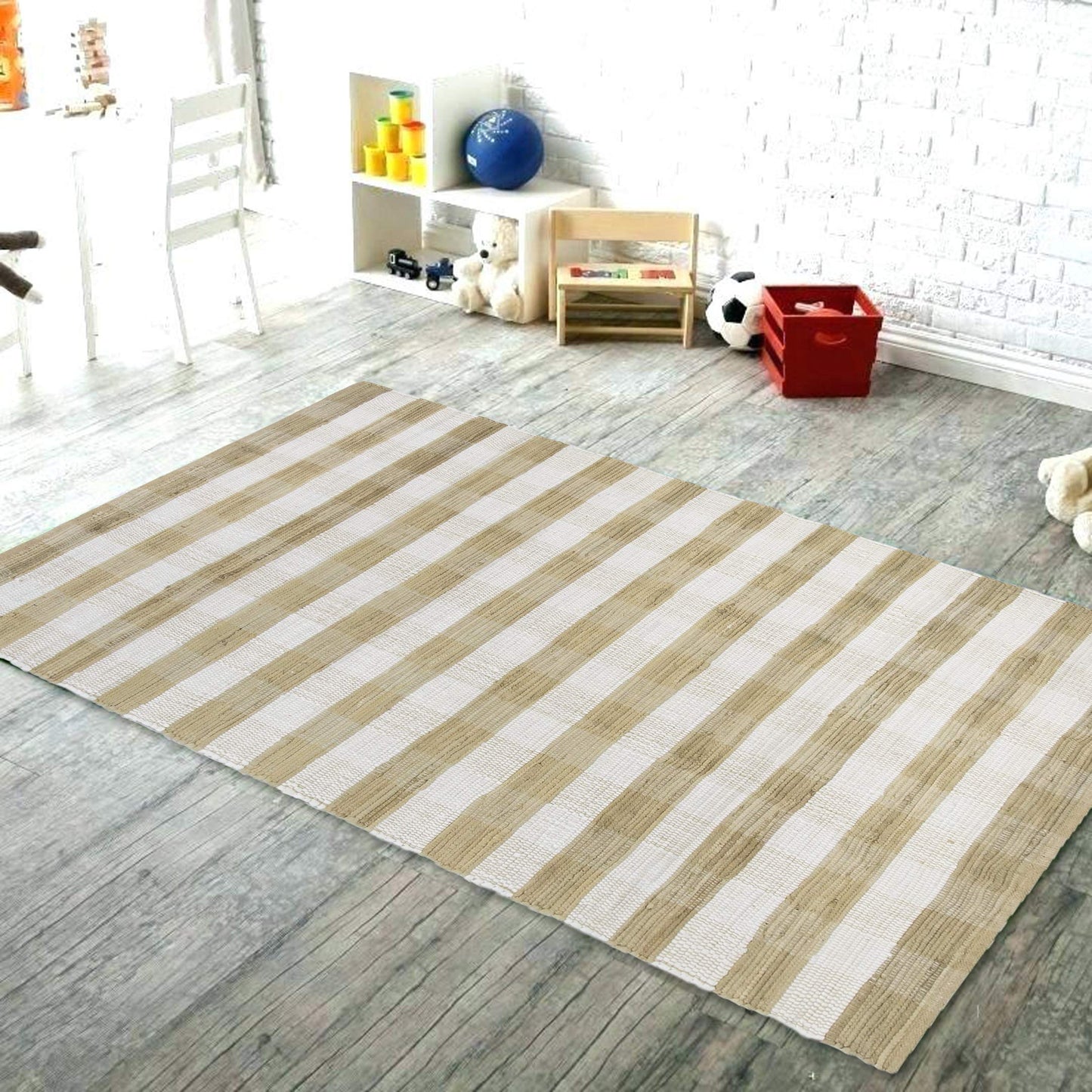 GLAMBURG Cotton Reversible Area Rug 3' x 5' Farmhouse Floor Mat, Handwoven Washable Carpet Checkered Plaid Rug for Front Porch Living Room Kitchen Bedroom - Beige Natural