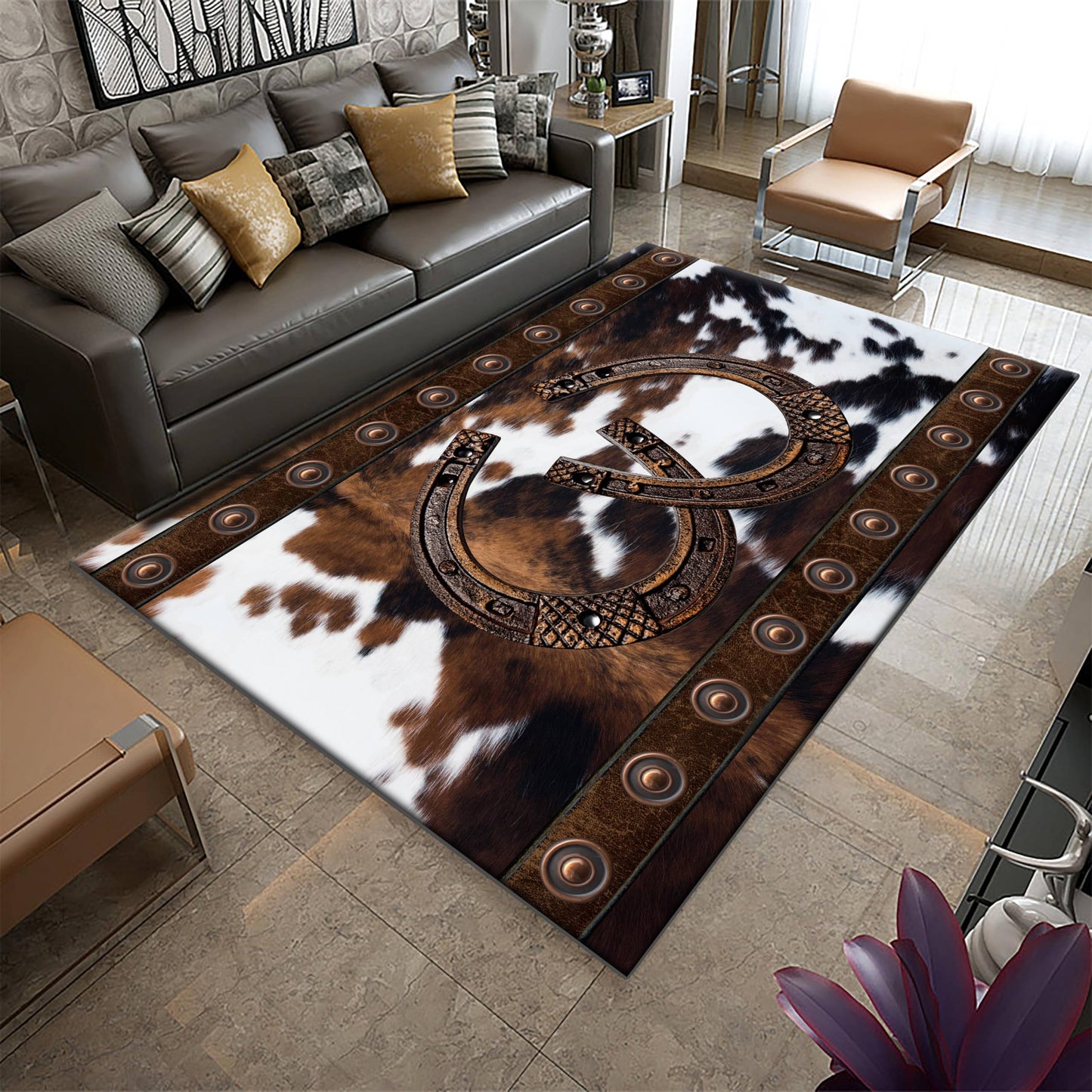 Western Rugs for Living Room, 3x4ft,Southwestern Native American Aztec Rugs,Rustic Horseshoe Brown Cow Print Rug,Boho Western Decor Carpet, for Bedroom Dining Room Non Slip Cowhide Rug