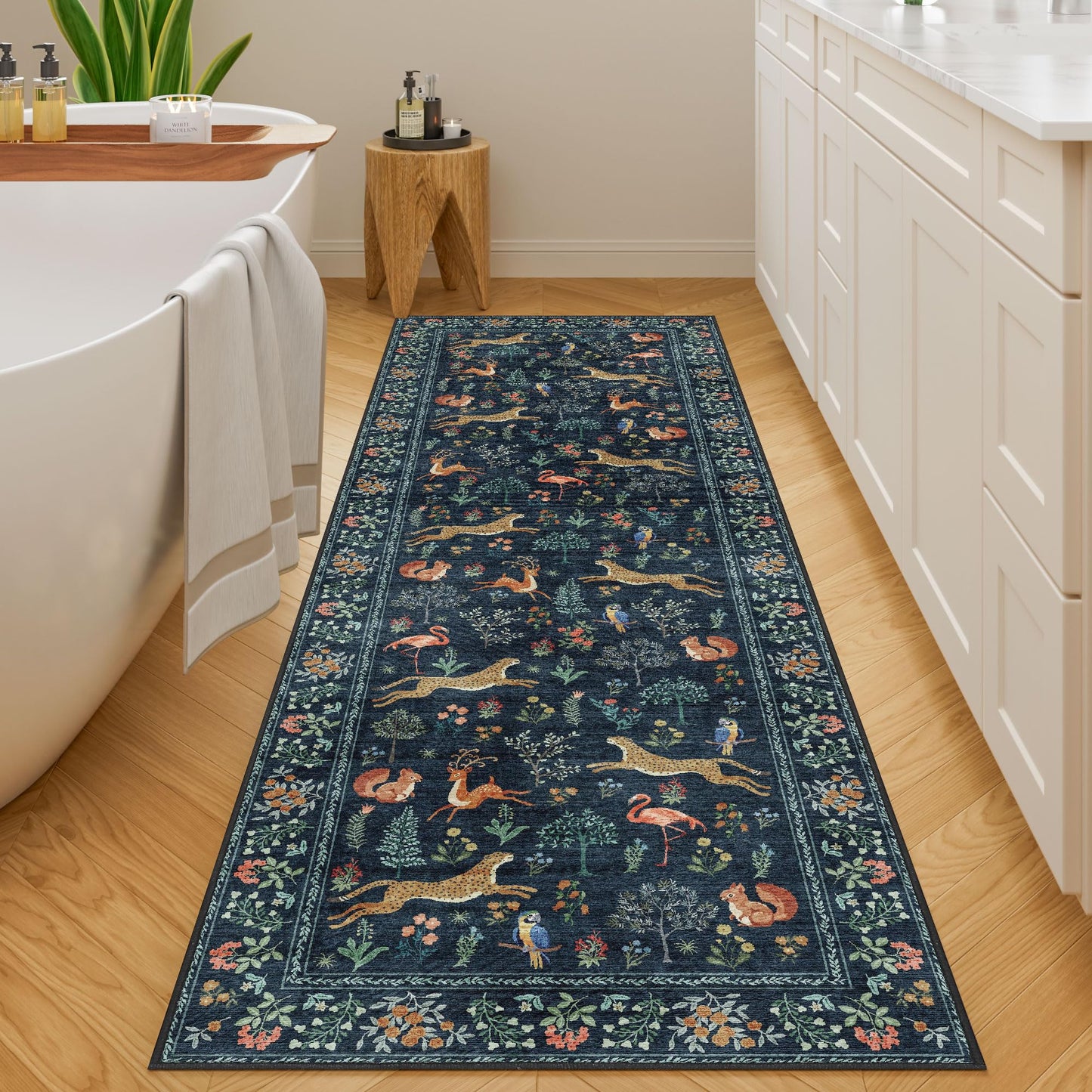 DUKINO 2x6 Rug for Hallway, Washable Kitchen Runner Rug with Non Slip Backing, Soft Low Pile Vintage Animal Runner for Bedroom, Kitchen, Hallway, Entryway, Laundry, Navy Blue