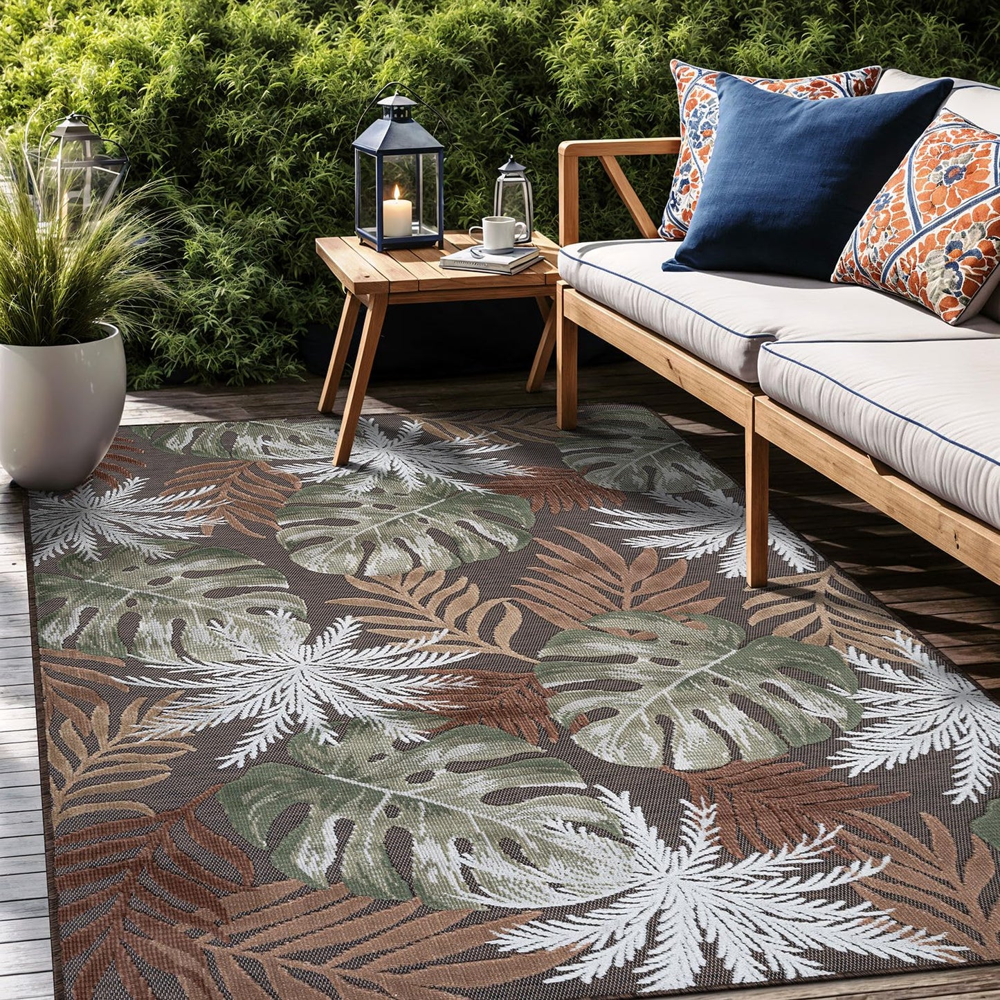 Luul Home Floral Indoor Outdoor Rugs 5x7 Large Area Rug for Living Room, Patio Decor, Kitchen, and Entryway Rug, Washable Stain Resistant Outside Carpet Brown 5 x 7