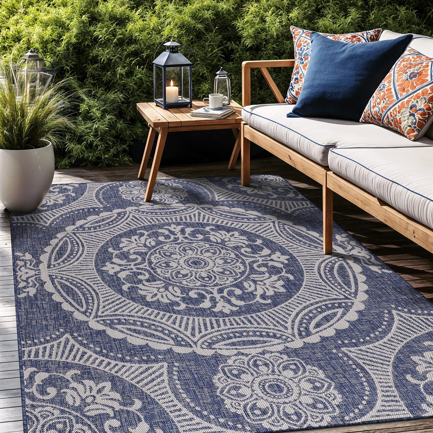 Luul Home Medallion Outdoor Rug 5x7 Washable Outside Carpet for Indoor Patio Porch Waterproof Easy Cleaning Non Shedding Area Rugs Blue 5 x 7
