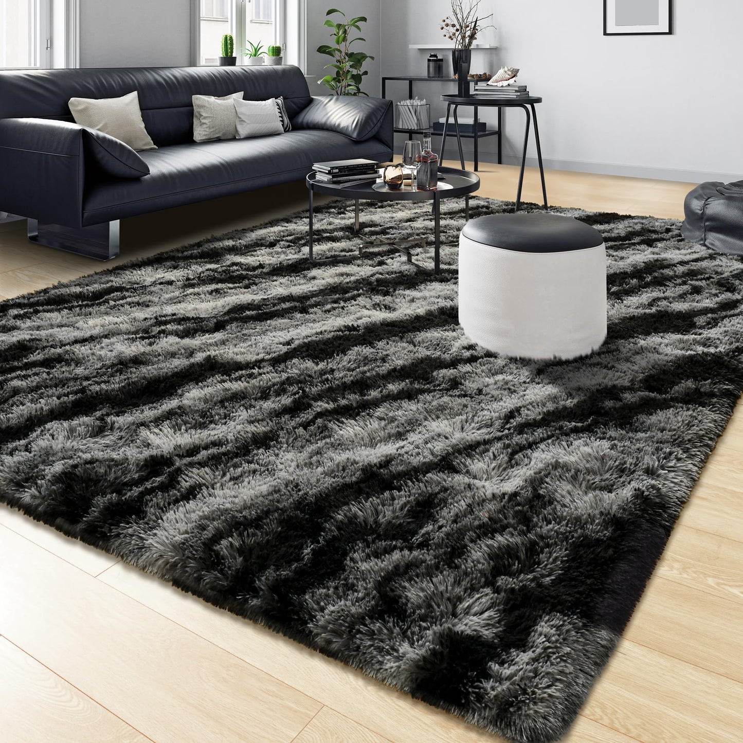 Tepook Fluffy Large Rugs for Living Room, 8x10 Area Rugs for Bedroom, Modern Shag Fuzzy Carpets for Kids Boys Girls, Plush Indoor Nursery Home Decor Rug with Non-Slip Bottom, Black Grey